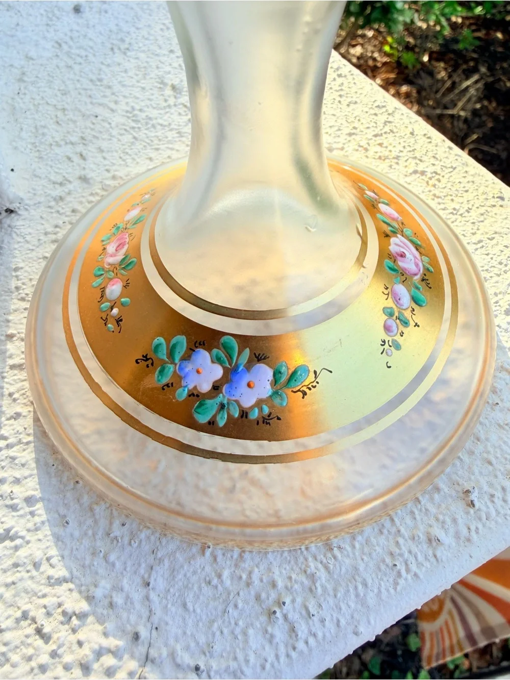 Bohemian Czech Vtg. Satin Glass Pedestal Vase Hand Painted Gold Gilt Ruffled Rim